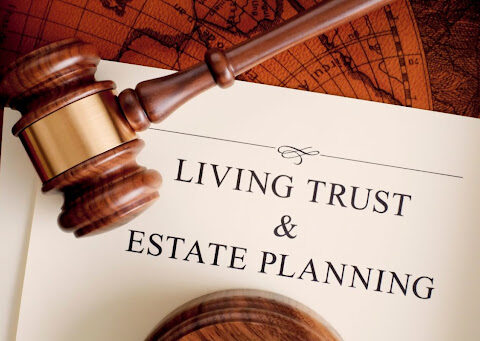 Living Trust & Estate Planning document with a wooden gavel.